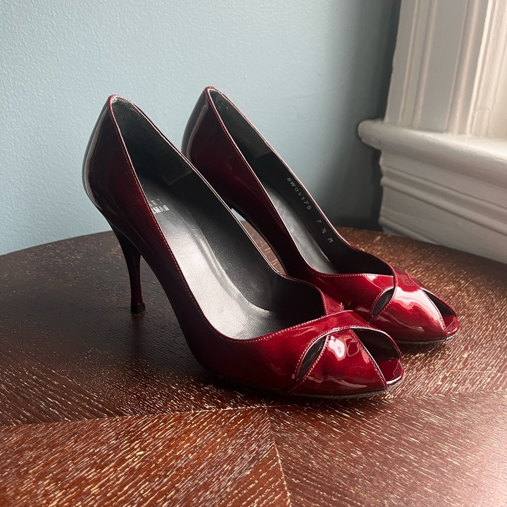 Stunning Stuart Weitzman Patent Leather Burgundy  Peep-Toe Heels